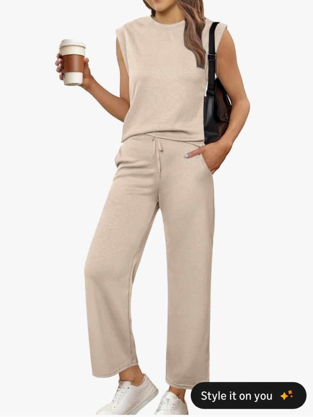Women's 2-Piece Lounge Set - Cream Wide-Leg Pants
